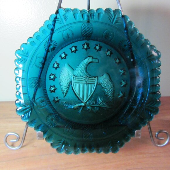 blue indiana glass american eagle octagon plate vintage (W3919) - Picture 1 of 6